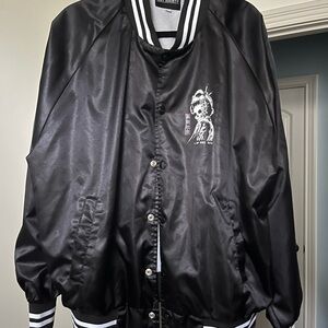 Black Satin Bomber Jacket with Embroidered Design